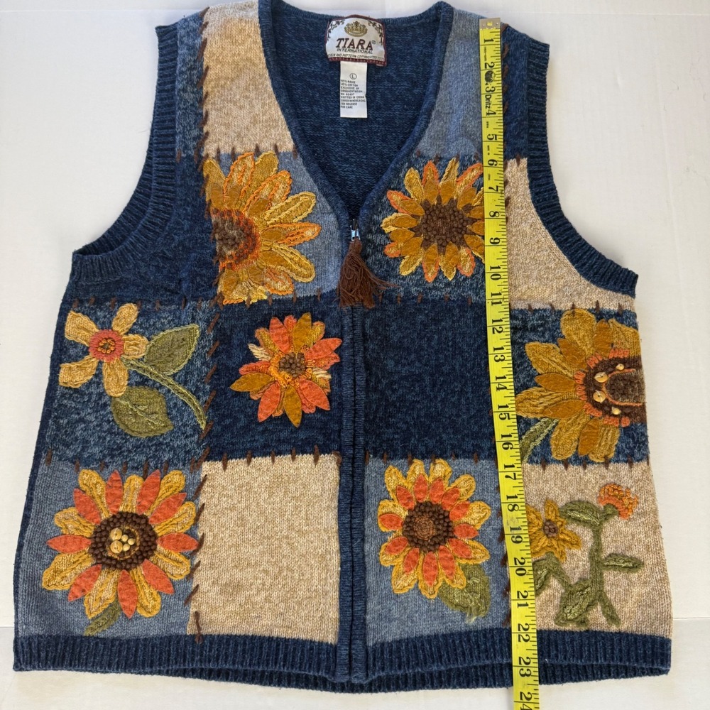 Tiara International Vintage Sunflower Patchwork Zip Sweater Vest Blue Large - Picture 5 of 7